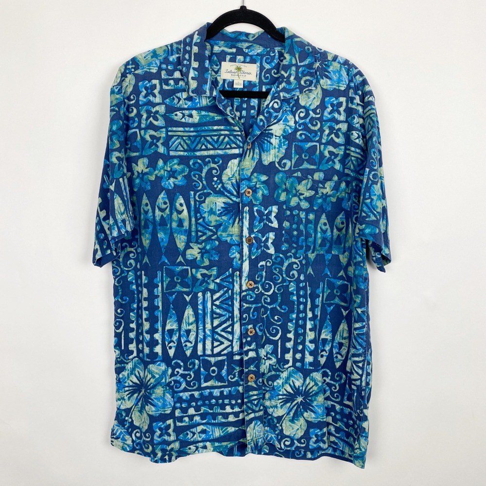 Island Shores Washable Silk Tropical Fish Floral Button Up Hawaiian Shirt Mens L
